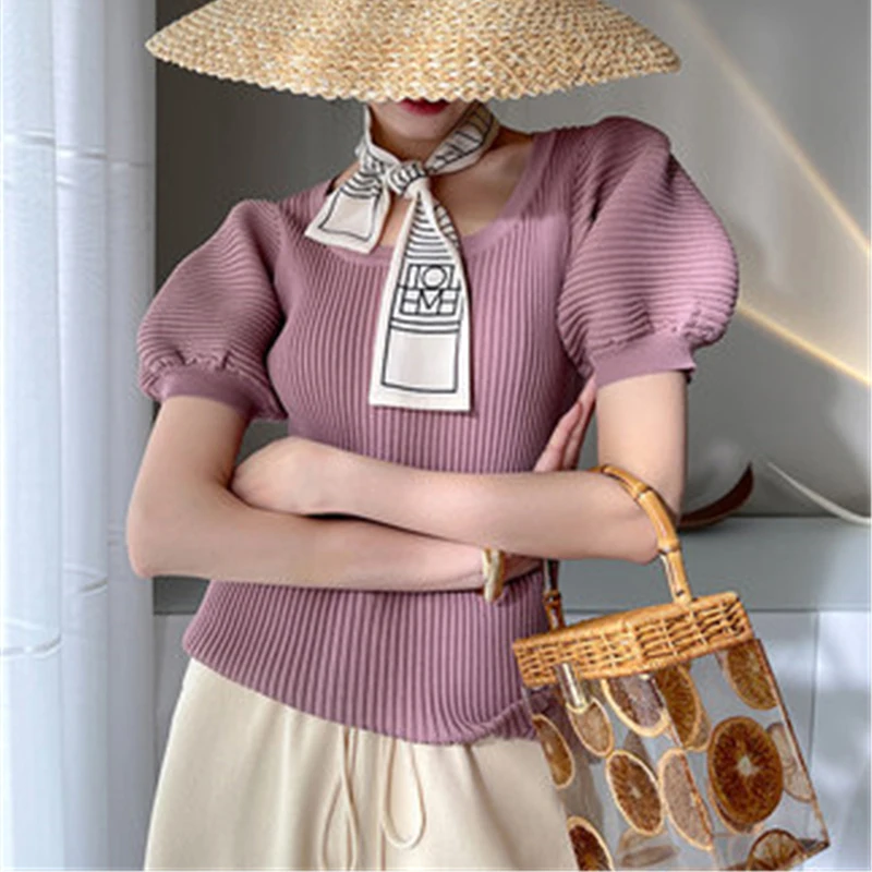

Retro Knitted T Shirts Women Short Puff Sleeve Pullover Korean Elegant Summer Slim Tops Solid Spring Summer Tees Knitwear N148