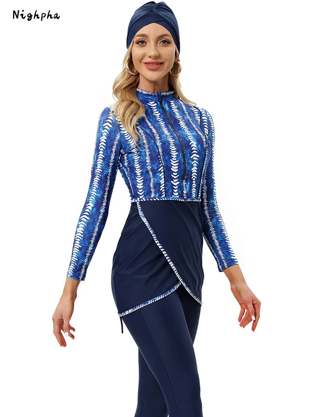 

2022 Printed Muslim Swimwear Women Modest Long Sleeves Sport Swimsuit 3 Pieces Islamic Burkinis with Bra Padding Barhing Suit