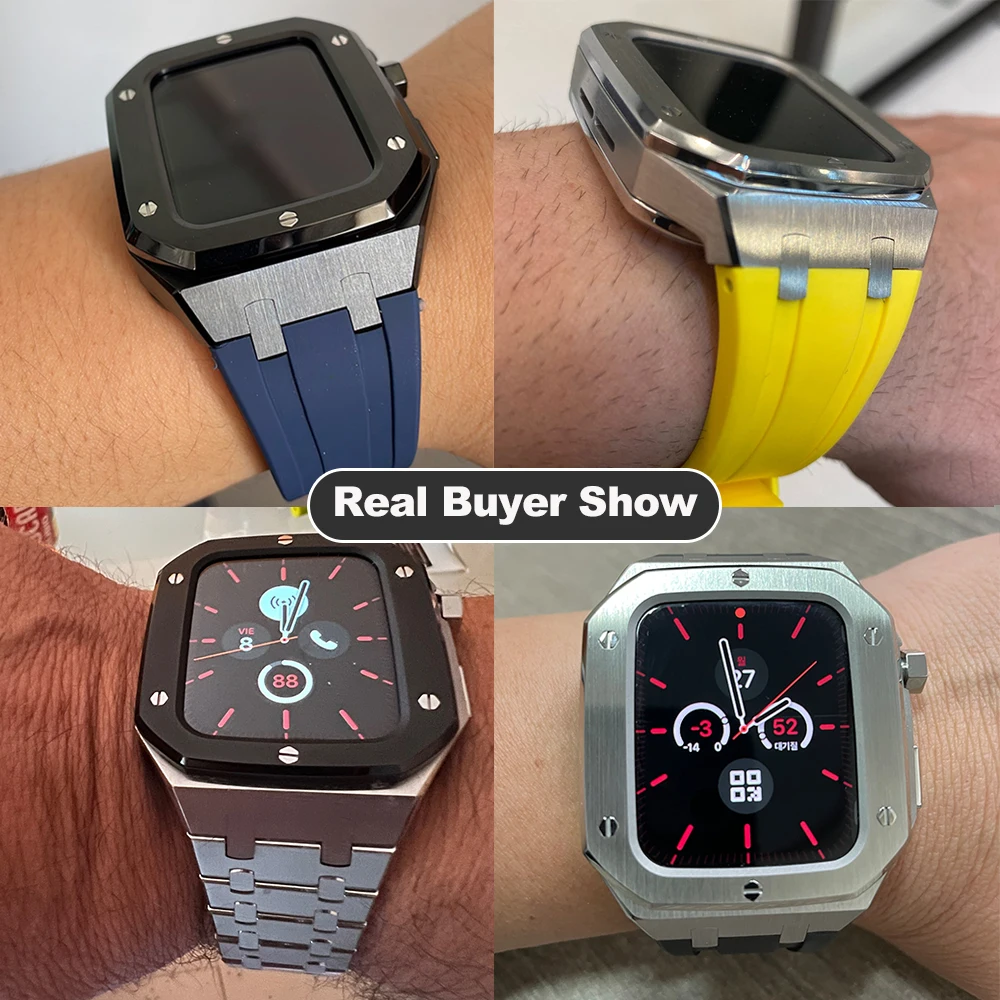 Luxury Modification Kit Metal Case+Stainless Steel strap for Apple Watch band 45mm 44mm 42 Rubber band For iWatch 8 7 6 5 Correa