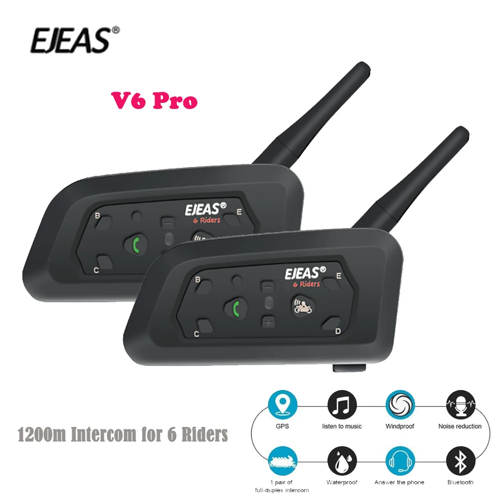EJEAS V6 Pro Helmet Intercom Headset Motorcycle Bluetooth 1200m Interphone Communicator Full Duplex for 6 Riders Waterproof IP65