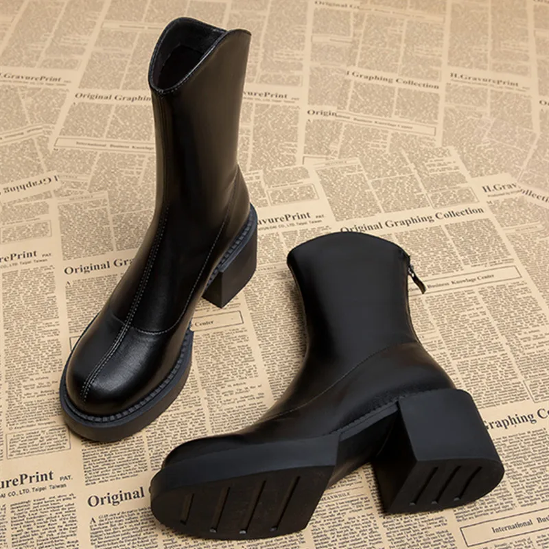 2022 Winter New Women's Knee Nude Boots Fashion Thick Heel PU Leather Back Zipper Thick Sole Chelsea Boots Women's Shoes 2