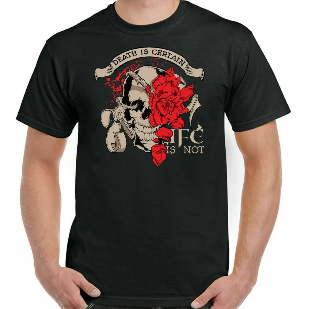 

Skull T-Shirt Mens Biker Gothic Tattoo Rose Grim Reaper Death is Certain Top TEE