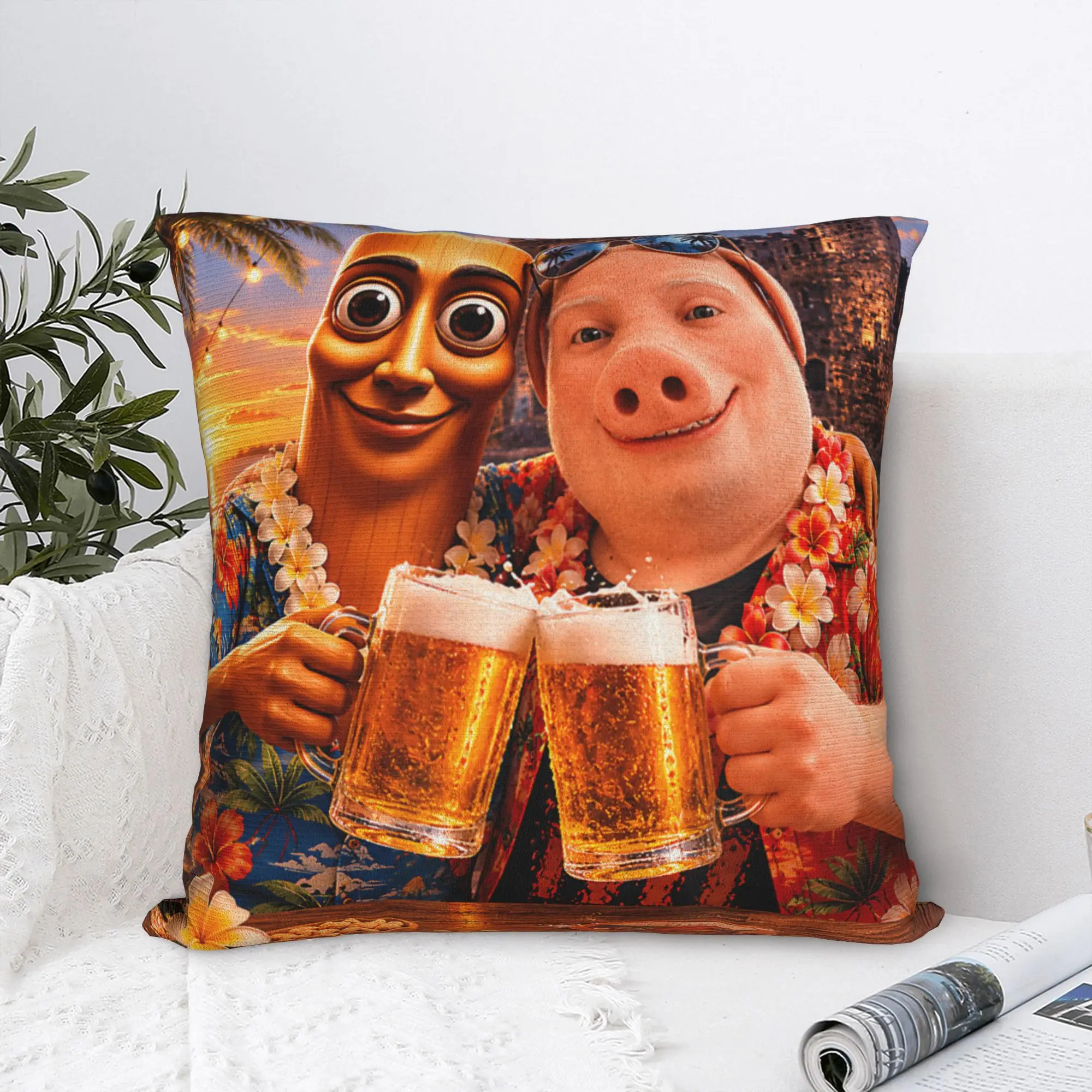 Фото Наволочка Tung Sahur Best Friend John Pork Beach Summer Drinking Beer для гостиной, кровати, стула №1