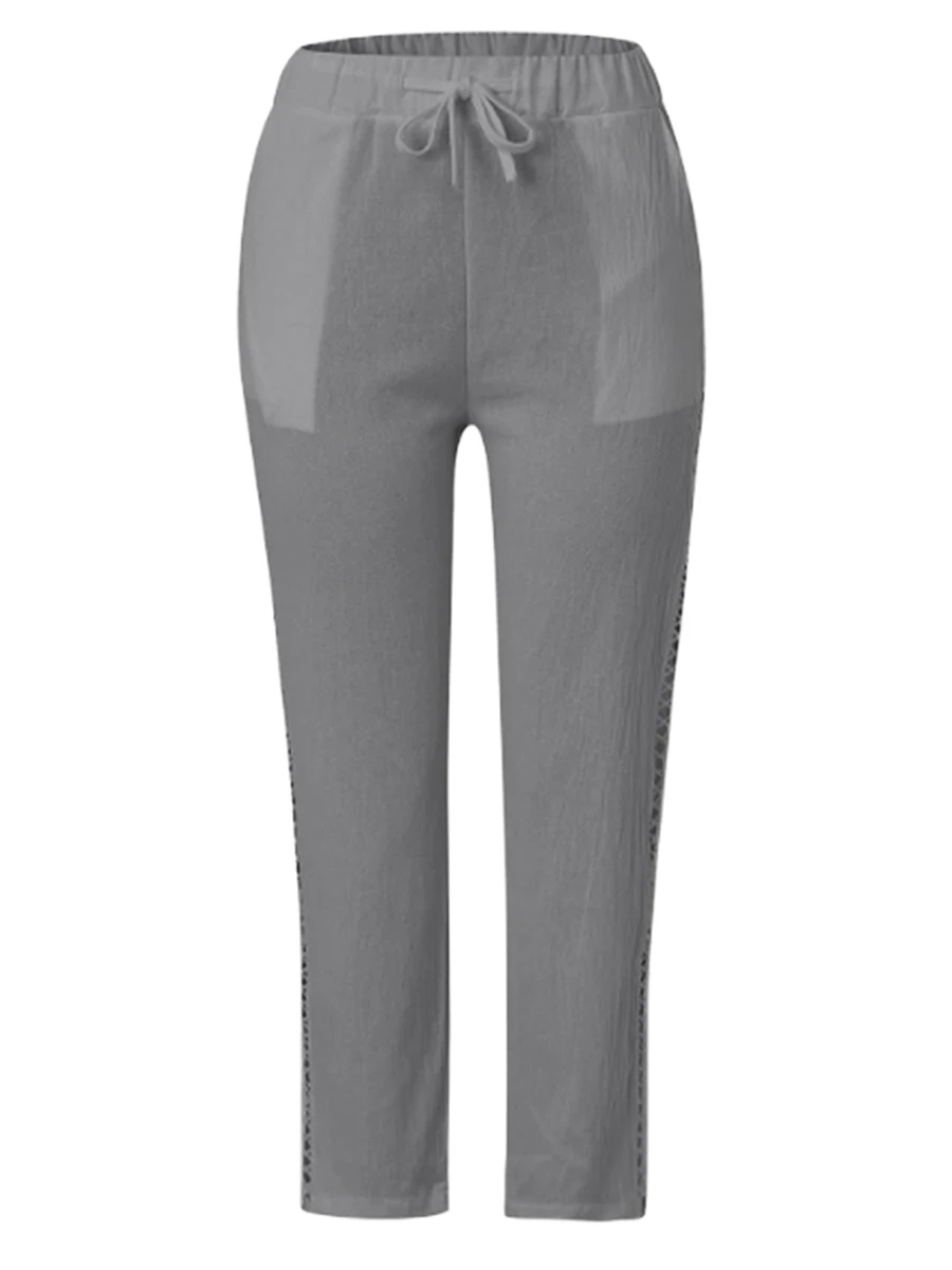 

Женские брюки свободного кроя из смесовой льна с эластичным поясом, укороченные брюки с боковыми карманами и широкими штанинами