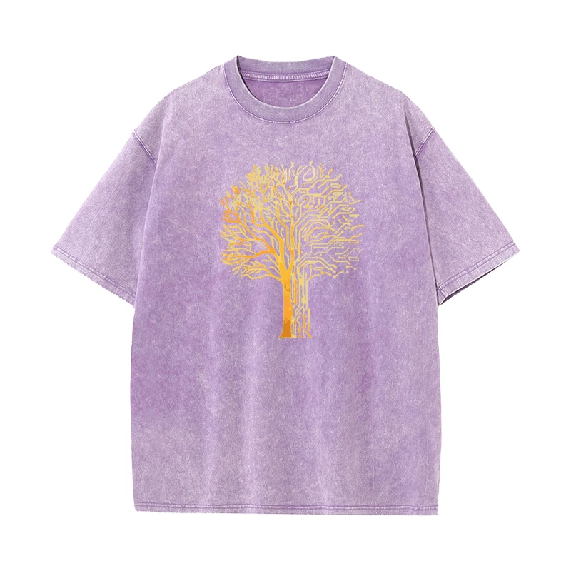 O Neck Gold Pine 100% Cotton Mens Washed Retro T Shirts Funny Short Sleeve Tops Tees Normal Shirt
