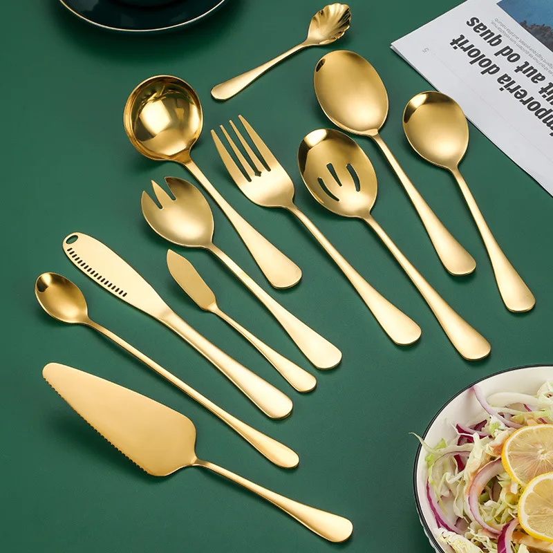 

Stainless Steel Gold Korean Serving Spoon Tableware Soup Ladle Colander Fork Shovel Restaurant Public Cutlery Kitchen Utensil