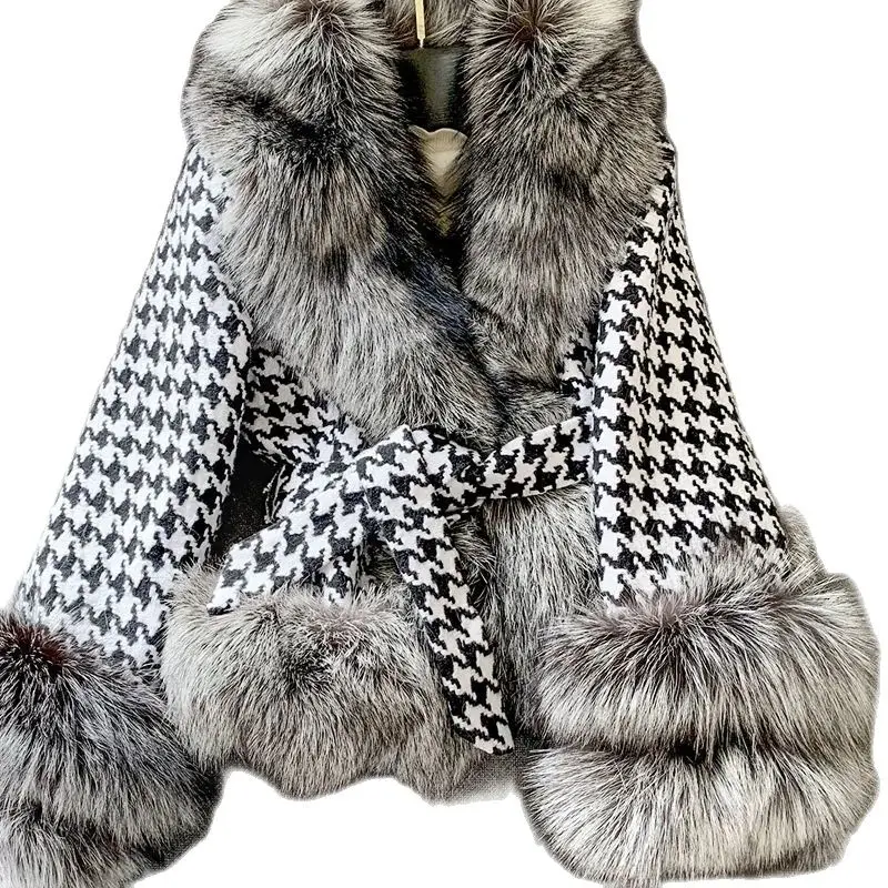 Новинка Осень-зима 2023, короткое пальто из искусственного меха с большим воротником из твида, женское темпераментное пальто из лисьего меха