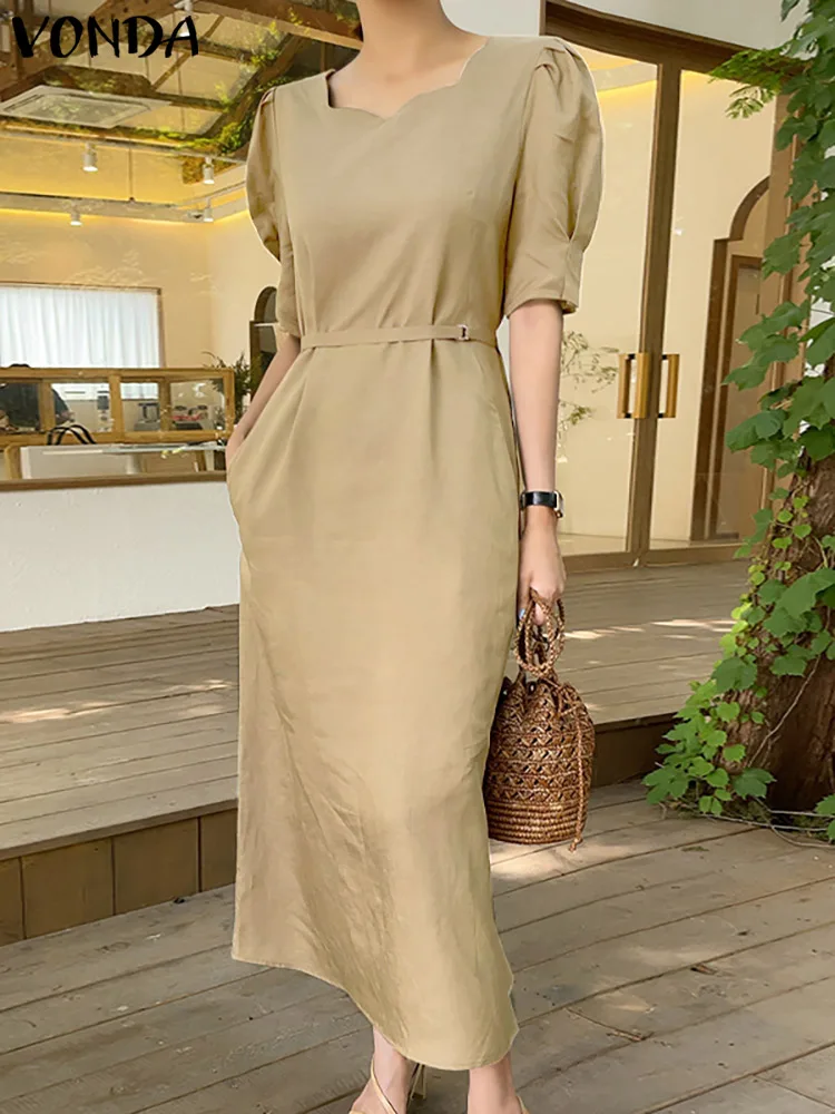 

Office Dress 2022 VONDA Women Short Sleeve Casual Solid Color Sundress Femininas Dresses Vintage Vestidos Oversized Robe Baggy
