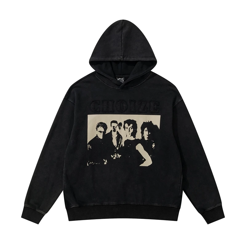 

Retro Character Print Front Pocket Washed Men's Hoodies Autumn and Winter Streetwear Loose Casual Pullover Hooded Sweatshirts