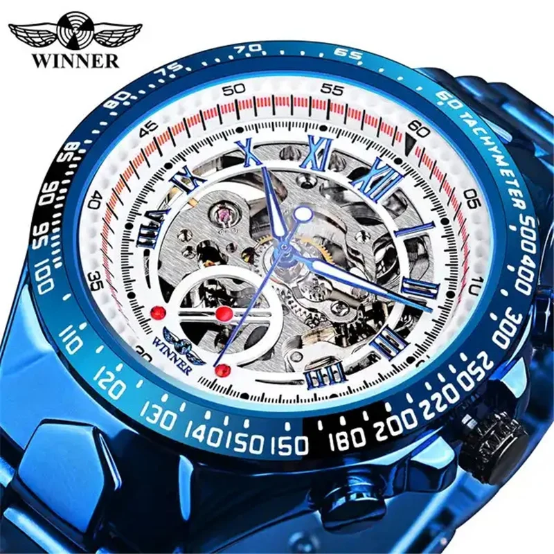 

Winner 432A Blue Men's Automatic Mechanical Watch Skeleton LuxuryDesign 30M Waterproof Stainless Steel Strap Male Watches