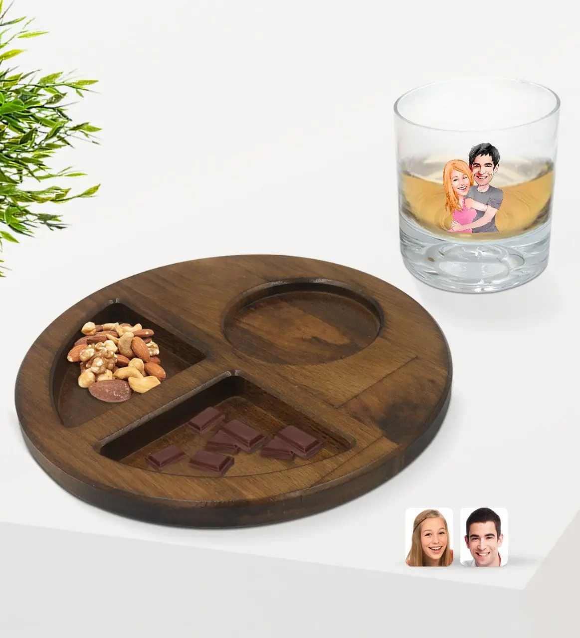 

Personalized Valentine Karikatürlü Whisky Cup and Natural Solid Wood Walnut Round Presentation Tabağı Confectionary Gift Seti-86