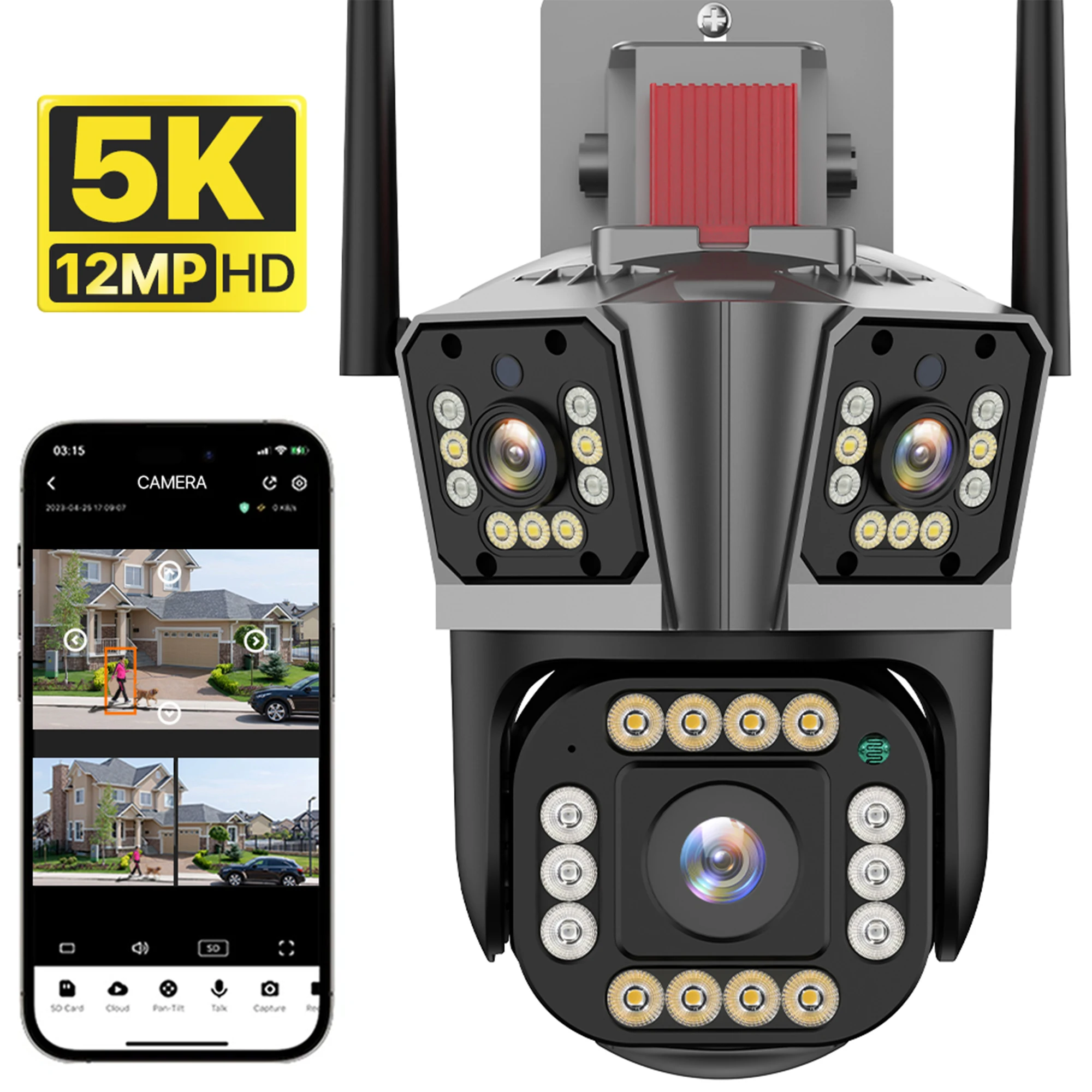 5K 12 MP HD WIFI IP Three Lens Camera PTZ Camera Outdoor 2K Dual Lens Motion Detection Security Camera Waterproof Surveillance