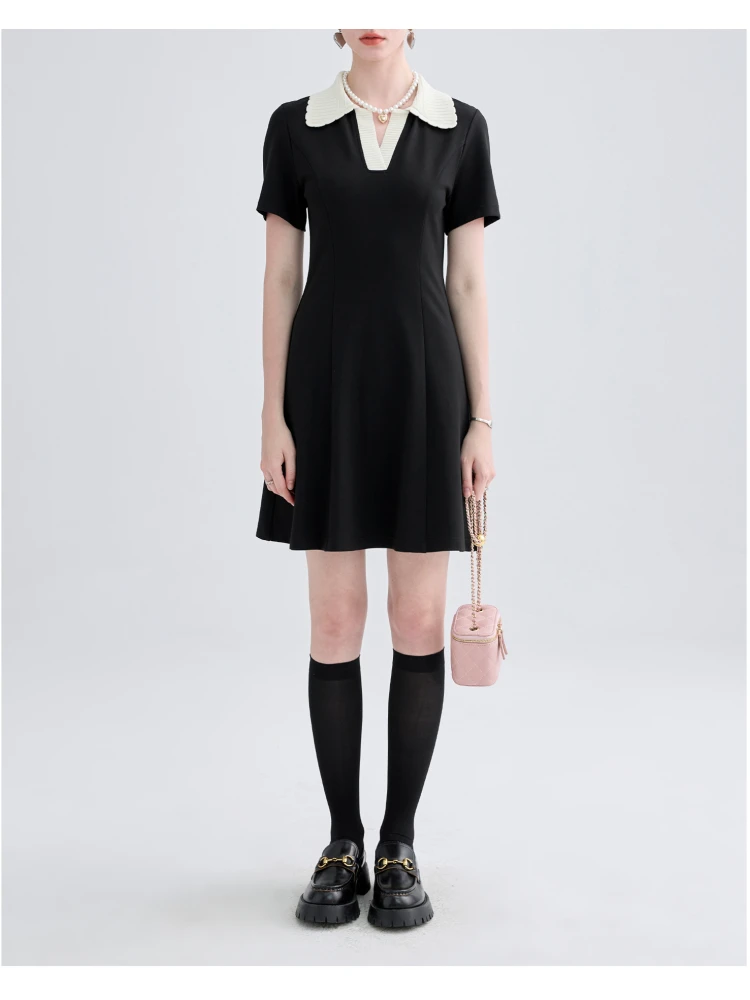 

Трикотажное платье-поло с коротким рукавом, Черное женское летнее тонкое синее платье контрастных цветов в английском студенческом стиле с поясом на талии