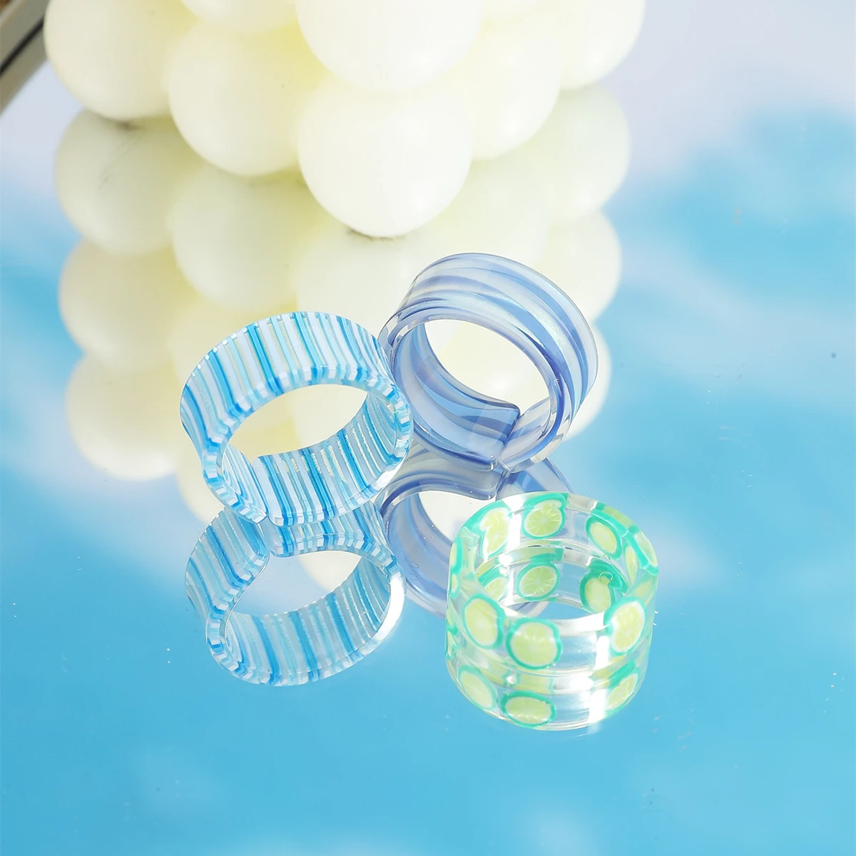 Transparent Colorful Fashion Resin Fruit Ring Combination Suit Lovely Temperment Acrylic Rings for Women