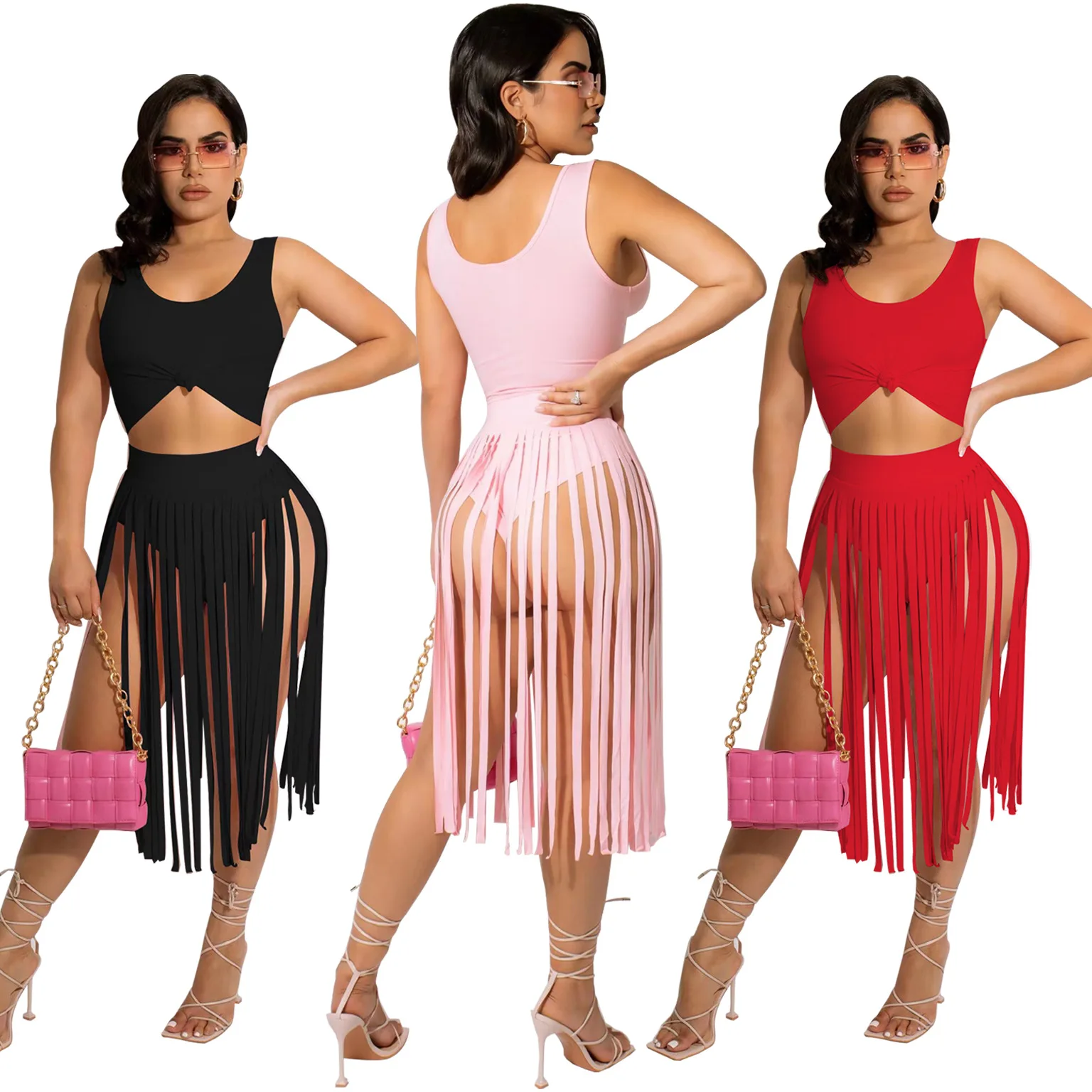 

European and American women's new fashion solid color top and tassel trouser skirt two-piece set for women