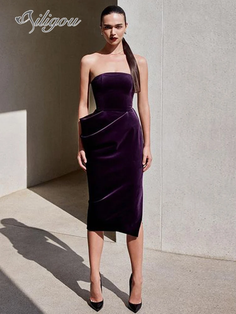 

Ailigou 2022 New Women'S Velvet Dress Tight-Fitting Sexy Draped Strapless Mid-Length Dress Ladies Elegant Celebrity Party Dress