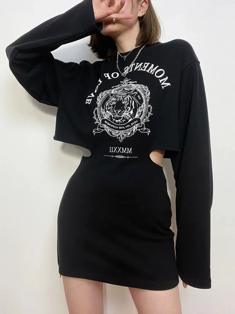 Женское мини-платье с вышивкой в виде головы тигра и букв черное или серое