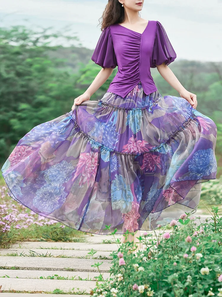 

Free Shipping Boshow 2022 New Fashion Bohemian Chiffon A-line Long Maxi Summer Elastic Waist Purple Women Print Skirts S-L