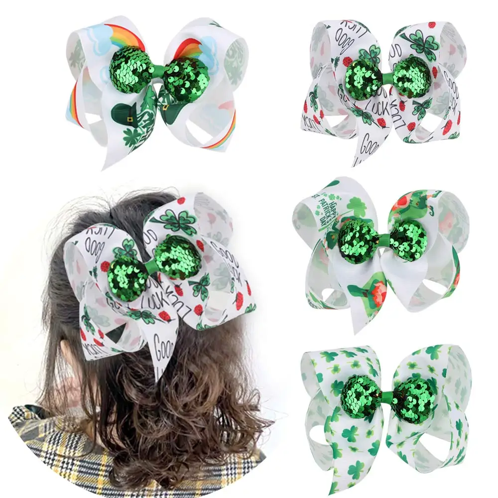 

CN 7-дюймовая фотография Дня Святого Патрика для девочек, бант в виде клевера, напечатанные заколки для волос, аксессуары для украшения