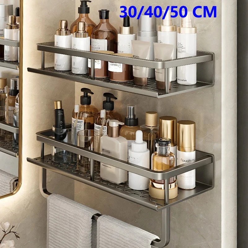 

Aluminum Bathroom Shelf Organizer 30-40CM Wall Mounted Storage Shelves & Racks Shower Caddy Grey for Toiletries Shampoo Holder