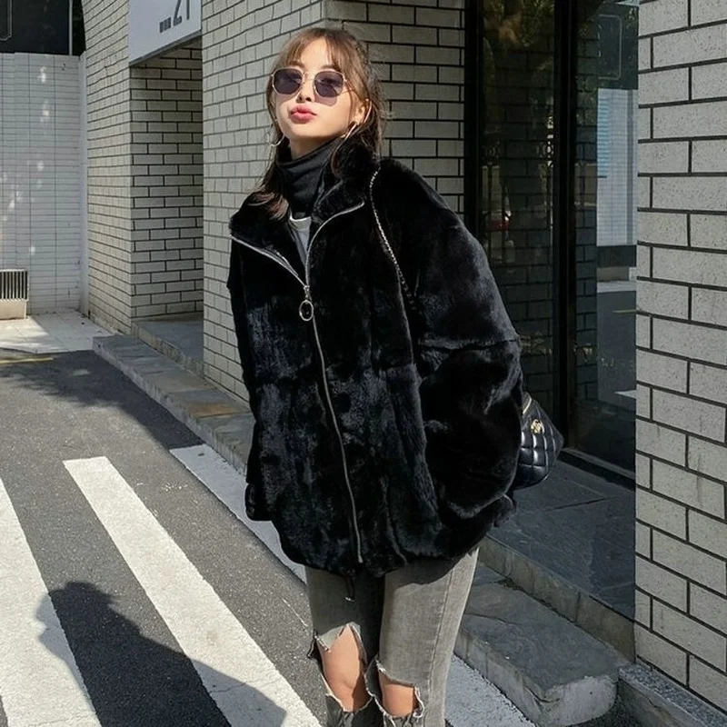 Women's Winter Jacket Fashion Solid Color Faux Fur Coat Korean Version Loose Simplicity Stand-up Collar Women's Clothing Coat