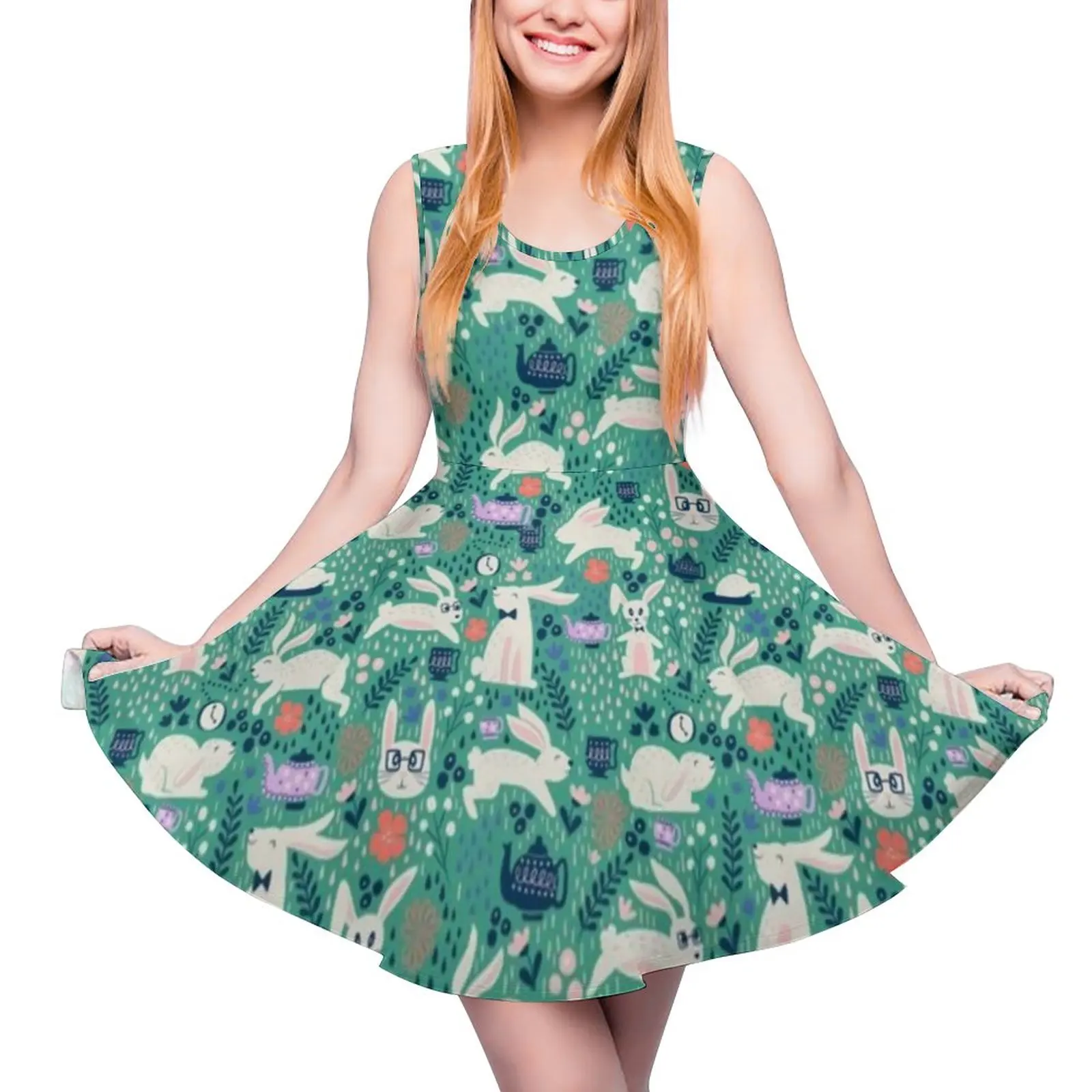 

Easter Rabbit Dress Bunnies and Teapots Aqua Sexy Dresses Ladies High Waist Street Fashion Skate Dress Spring Print Vestido Gift