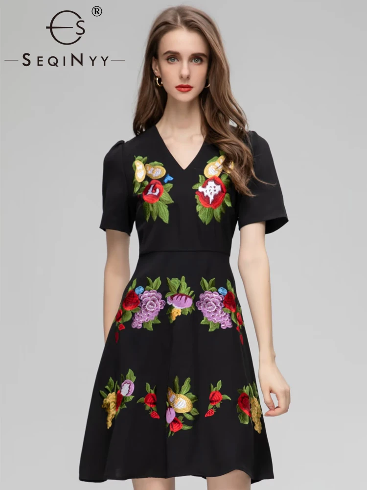 

Женское мини-платье с цветочной вышивкой SEQINYY, черное повседневное ТРАПЕЦИЕВИДНОЕ ПЛАТЬЕ С V-образным вырезом для подиума, лето-весна