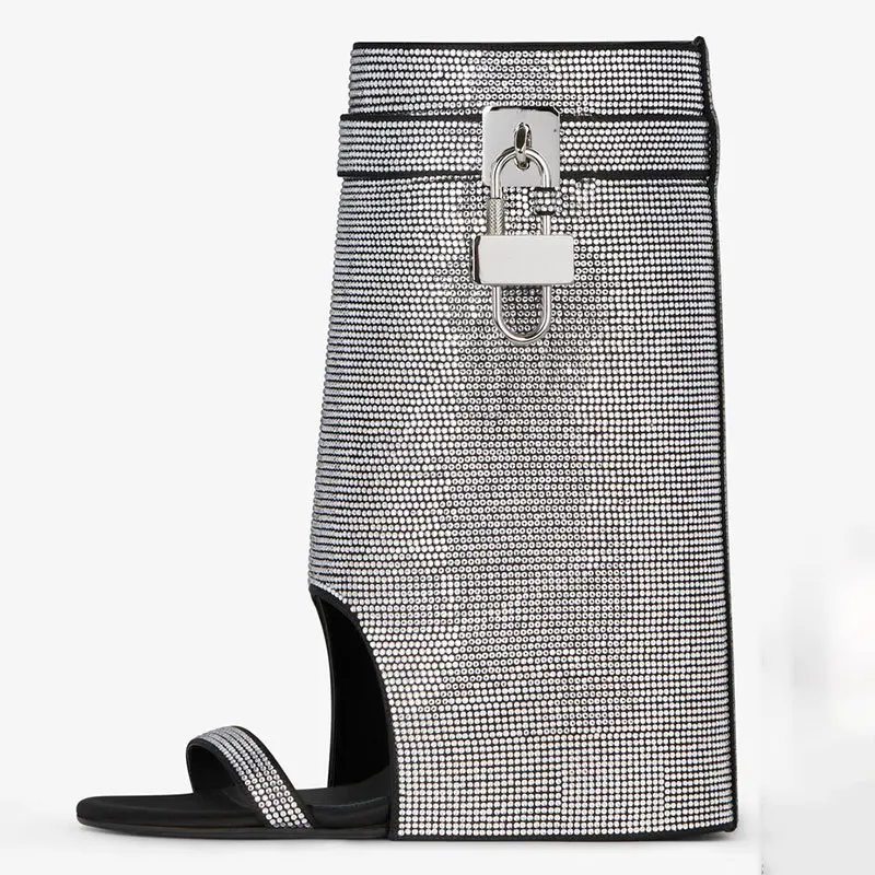 

Woman Mid Calf Boots Spring Summer Crystal Grey Open Toe Belt Buckle Wedges Mujer Shoes Round Toe Lock Elegant Boots female