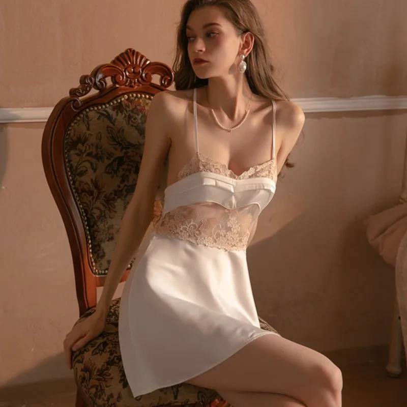 

Seduction Hollow Out Suspender Nightdress Female Sexy V-Neck Nackless Nightgown Ice Silk Intimate Sleepwear Lace Sweet Nightwear