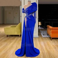 asymmetrical prom dresses with applique floor lengh slit party gown for woman one shoulder modest sweep train vestido de fiesta