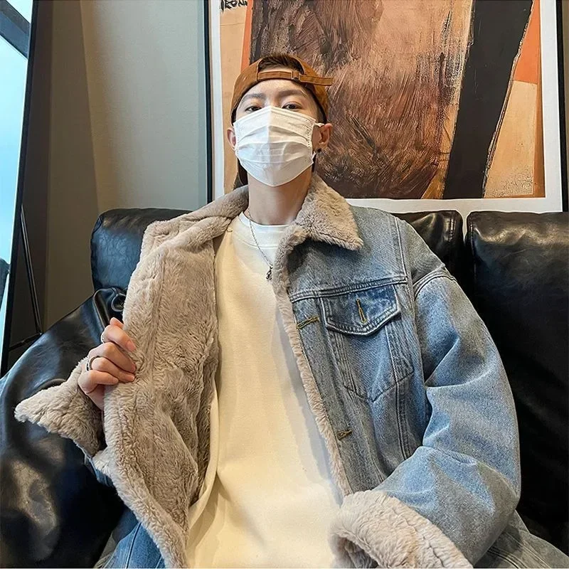 Джинсовая куртка Y2K мужская с бархатной подкладкой модный тренд в стиле ретро