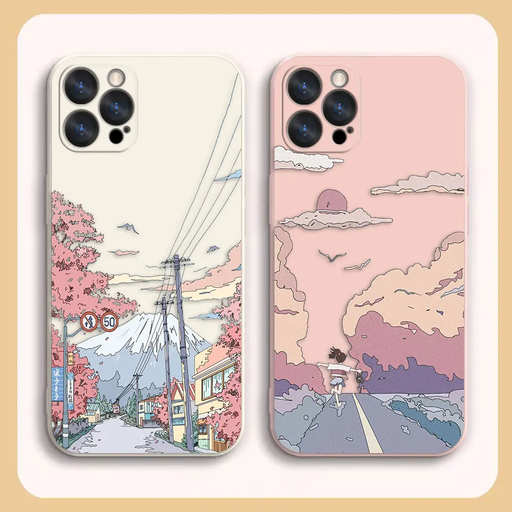 

Case For iPhone 14 13 12 11 Pro XS Max Mini X XR 7 8 6 6S Plus Colour Simple Liquid Silicone Case Japanese Country Trail Scenery
