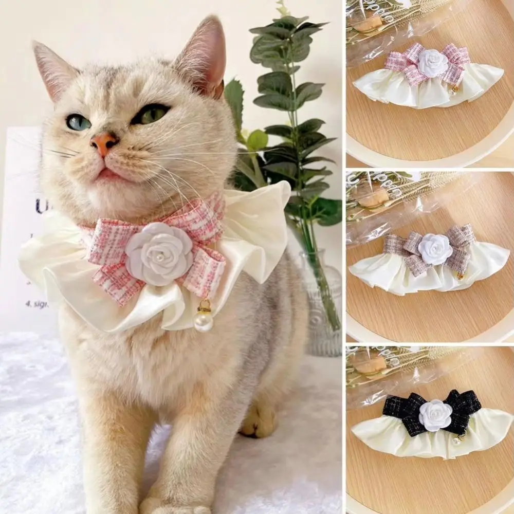 Exquisite Lovely Pet Lace Bib Plaid Camellia Cat Collar Adjustable Elegant Bowknot Necklace Daily Collocation
