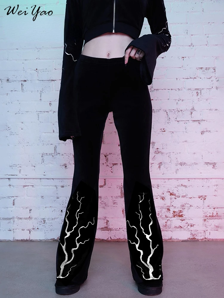 

WeiYao Gothic Flame Embroidery Black Flare Pants Women Grunge Aesthetic Trousers Women High Waist Velvet Long Pants Streetwear