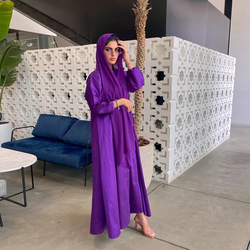 2pcs Fashionable Muslim Dubai Türkiye Arab Islamic Eid Al-Fitr Women's Comfortable Silk Dress Two-piece Set