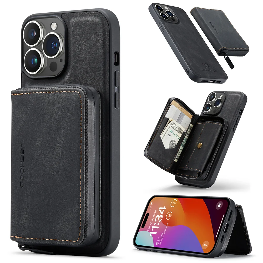 

JEEHOOD Luxury Detachable Zipper Purse Magnetic Wallet Case for 15 Pro Max 6s 7G 8 XR XS Max 11 Pro 12 13 Mini 14 Plus Phone Bag