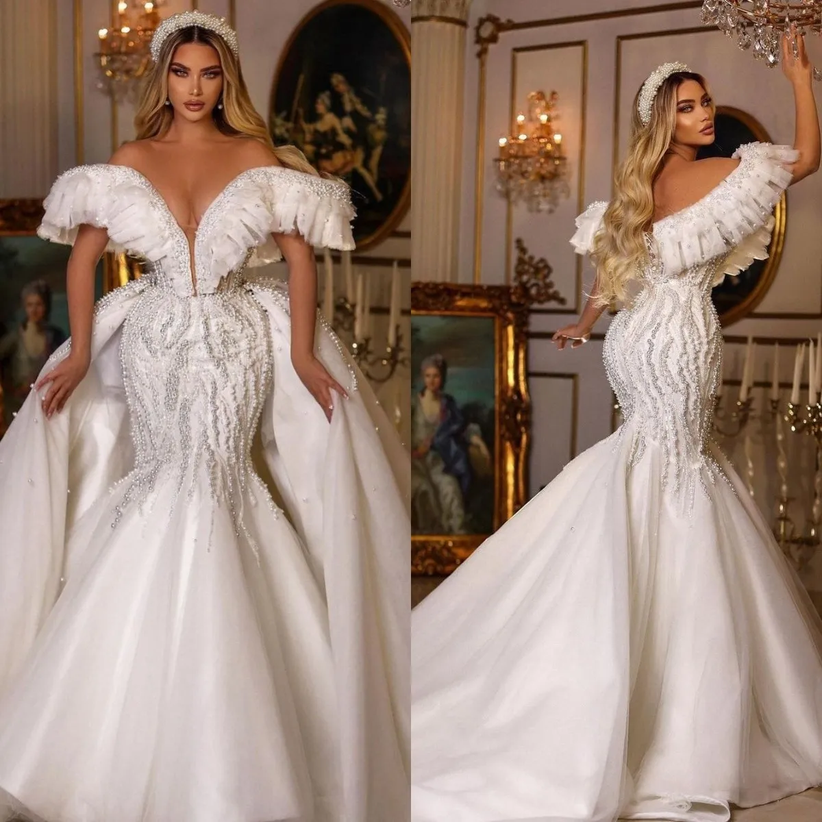 

Свадебное платье с юбкой-годе, со съемным шлейфом и оборками, платье невесты с открытыми плечами, свадебное платье со шнуровкой и бисером, 2022