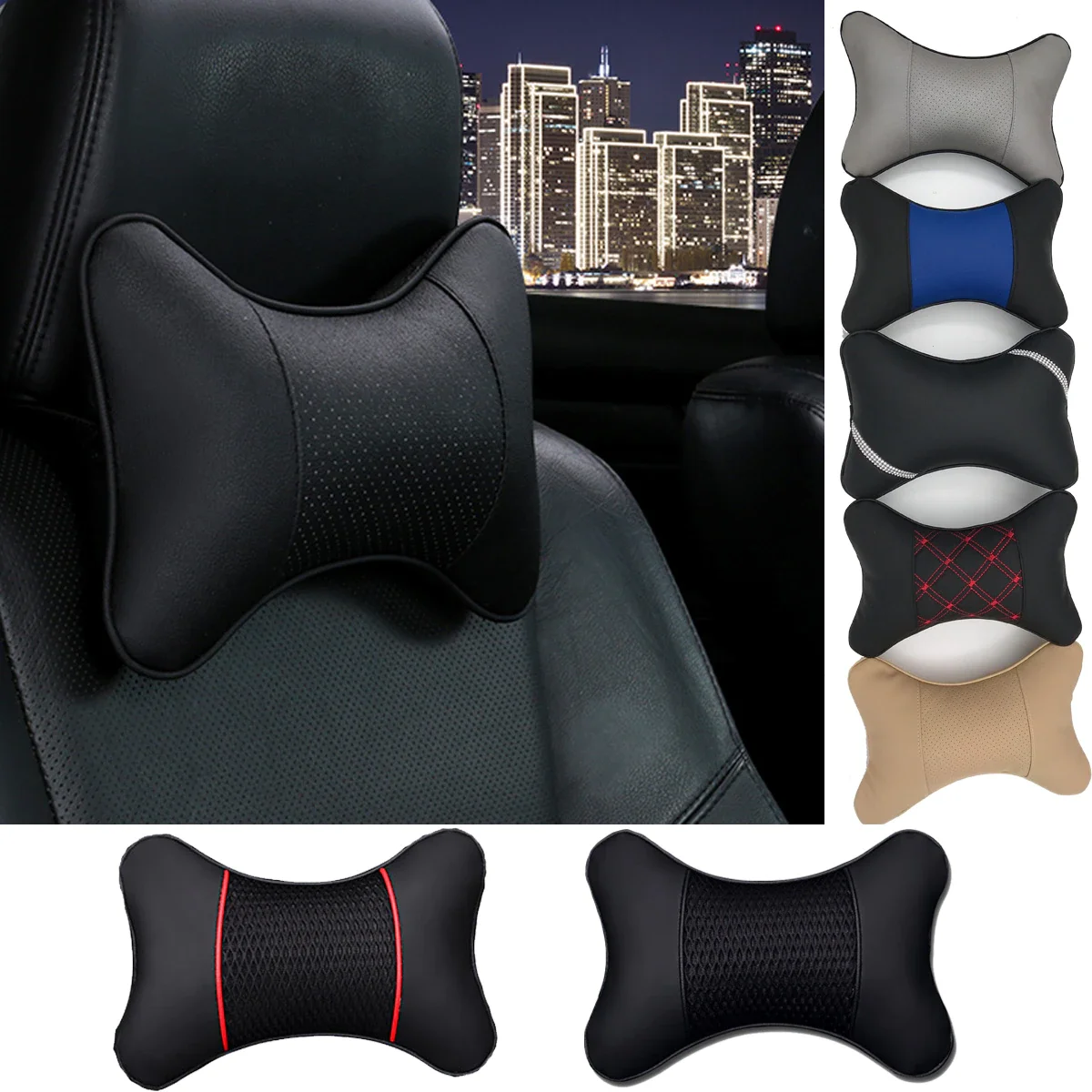 

Free Shipping Car Neck Pillows Both Side Pu Leather 1pcs Pack Headrest For Head Pain Relief Filled Fiber Universal Car Pillow