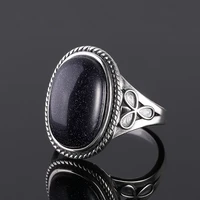 silver color jewelry vintage rings blue sandstone rings for womens with 11x17mm big oval gemstone fine jewelri