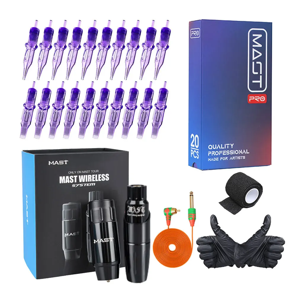 DragonHawk Mast Tattoo Rotary Pen Kit RCA Cord Permanent Makeup Machine With Mast Wireless Battery Pro Cartridge Needles Set