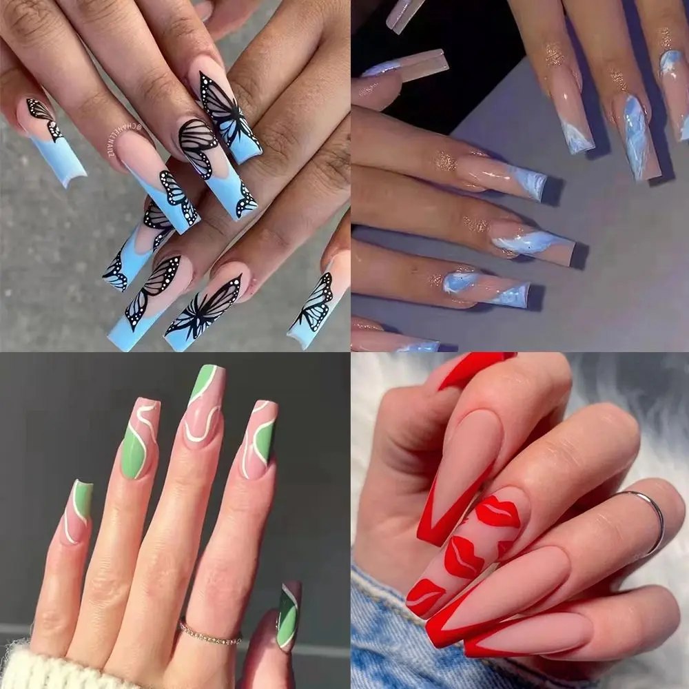 

24pcs/Box Press On Nails Detachable Full Cover Artificial Wearable Fake Nails Glitter Coffin False Nails Nail Tips
