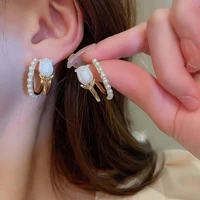 double layer c shaped hoop earrings pearl flower acrylic tulip silver needle gold silver fashion versatile temperament jewelry