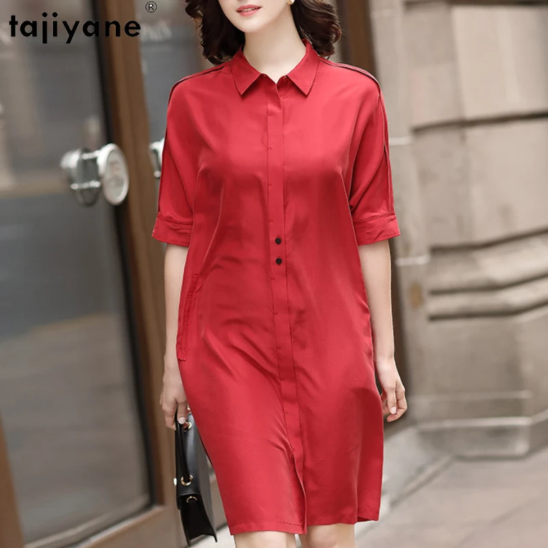 

Женское шелковое платье-рубашка Tajiyane, элегантное красное свободное платье средней длины из шелка тутового шелкопряда, модель Zm на лето, 100%