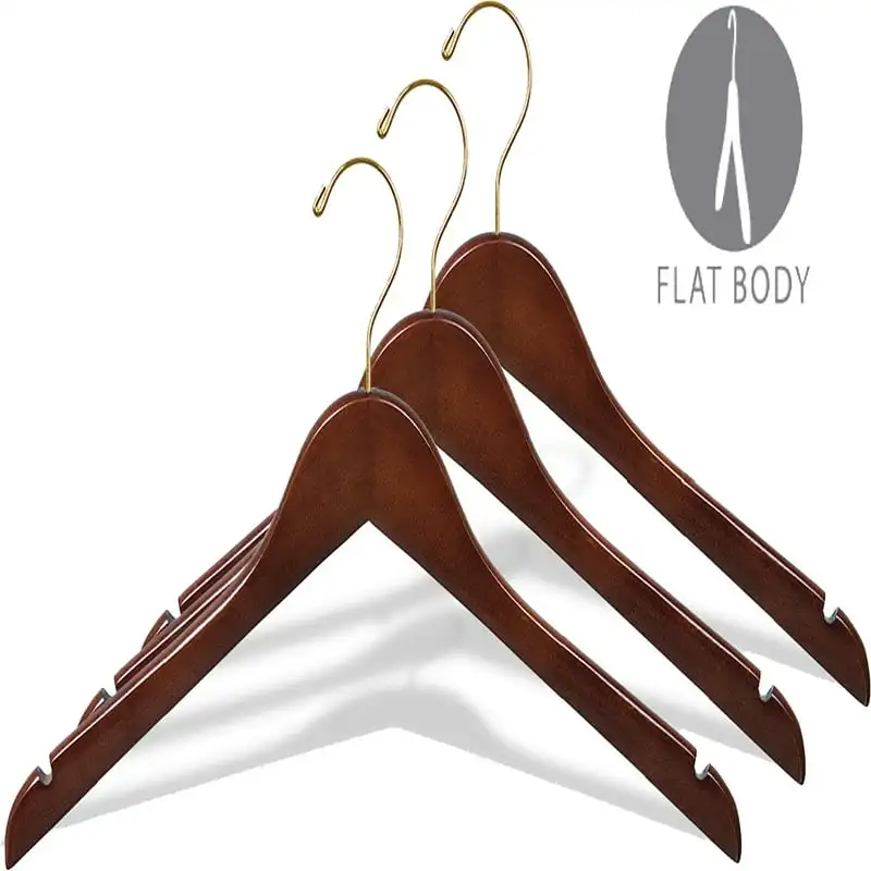 

Wood Top Hanger, Box of 25 Space Saving 17 Inch Flat Wooden Hangers w/ Walnut & Brass Swivel Hook & Notches for Shirt Jacket or