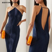 bodyconclothes elegant solid color knitting dress halter neck patchwork material skinny minimalist ankle length long skirt dress