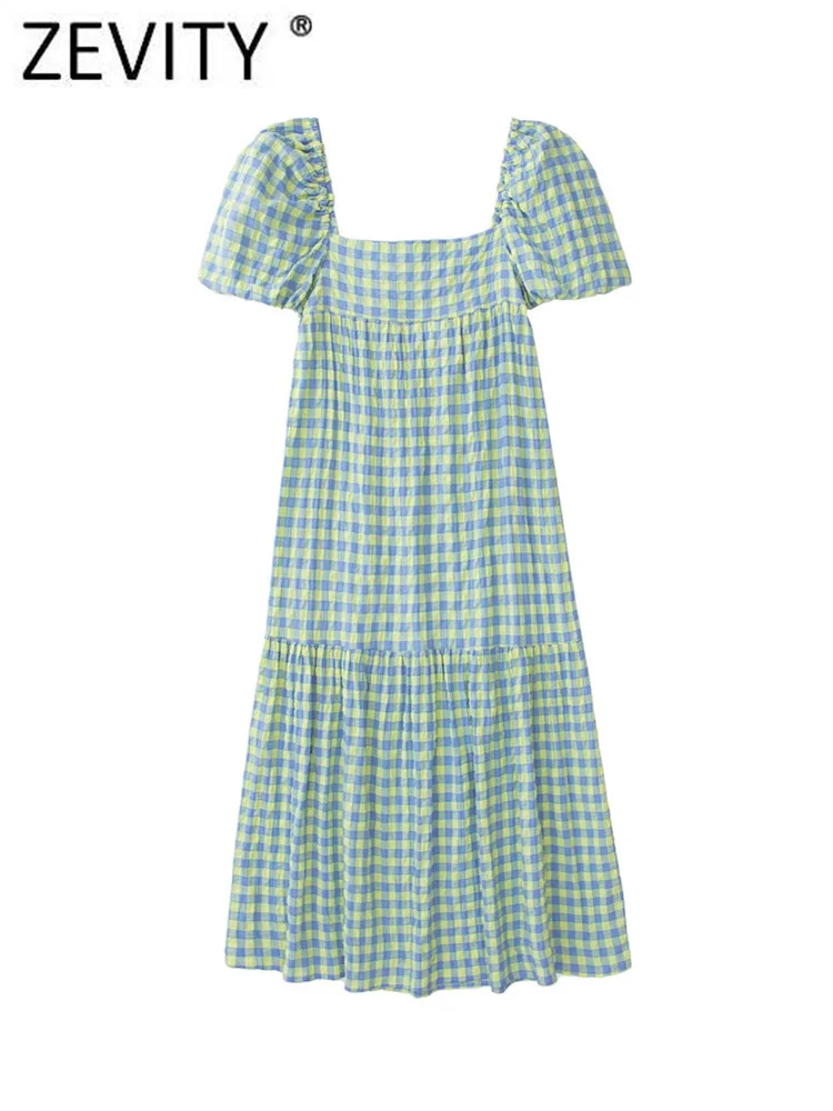 

Zevity женское винтажное платье миди с квадратным воротником и пышными рукавами, клетчатое Плиссированное Платье с принтом, женское шикарное ...