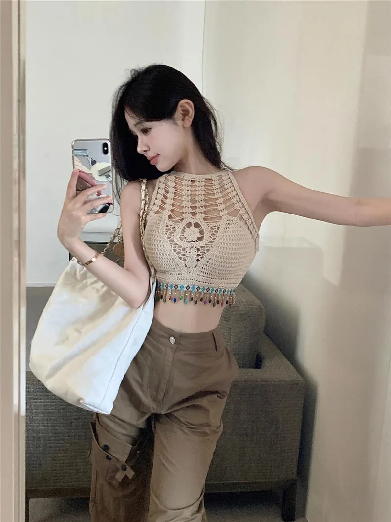 

Hong Kong style pure desire hollowed out sexy suspender vest for women in summer, with a sense of design, beautiful back strap,