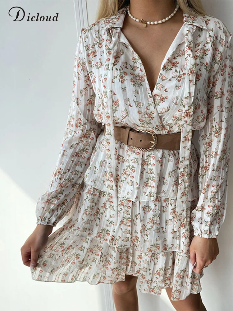 

DICLOUD Summer Dresses For Women 2022 Floral Lace Up Long Sleeve Ruffle Mini Party Dress Fashion Casual Sweet Female Clothing