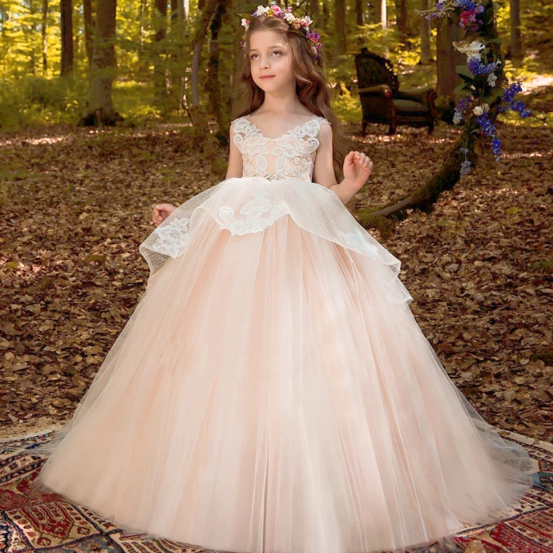 

Champagne Flower Girl Dresses Formal V-neck Puffy Lace Appliques Sleeveless For Wedding Party Holy First Communion Gowns