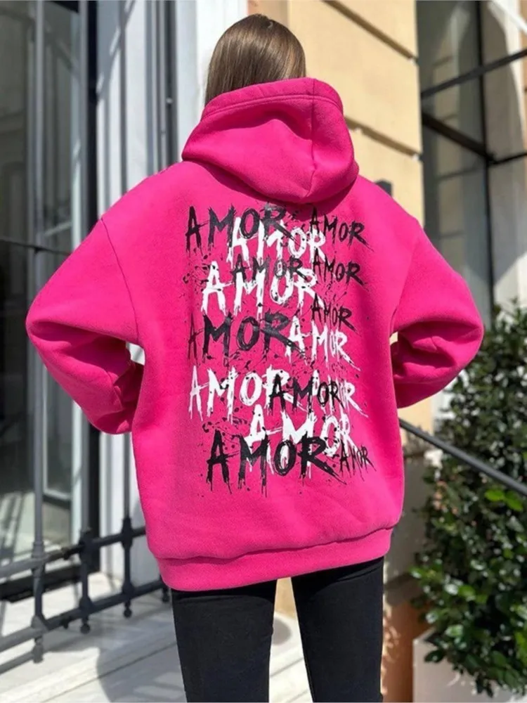 

RDMQ 2023 Autumn New Women's Letter Printing Y2k Loose Casual Pullover Long Sleeve Hooded Coat Female Fashion Tops